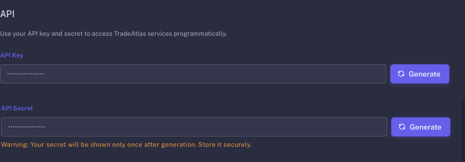 TradeAtlas Profile → API tab