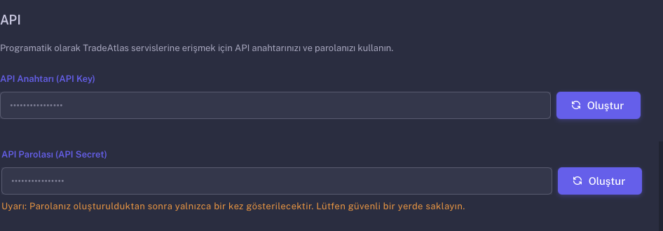 TradeAtlas Profil → API sekmesi